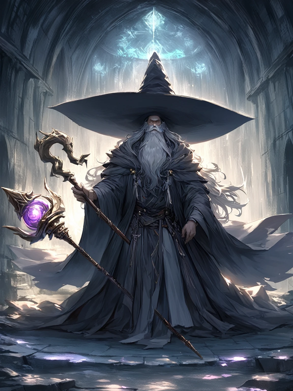 1 male, solo, ancient benevolent wizard, majestic, dark atmosphere huge hat, staff, grey beard, worn clothes, dungeon, dark magic, 