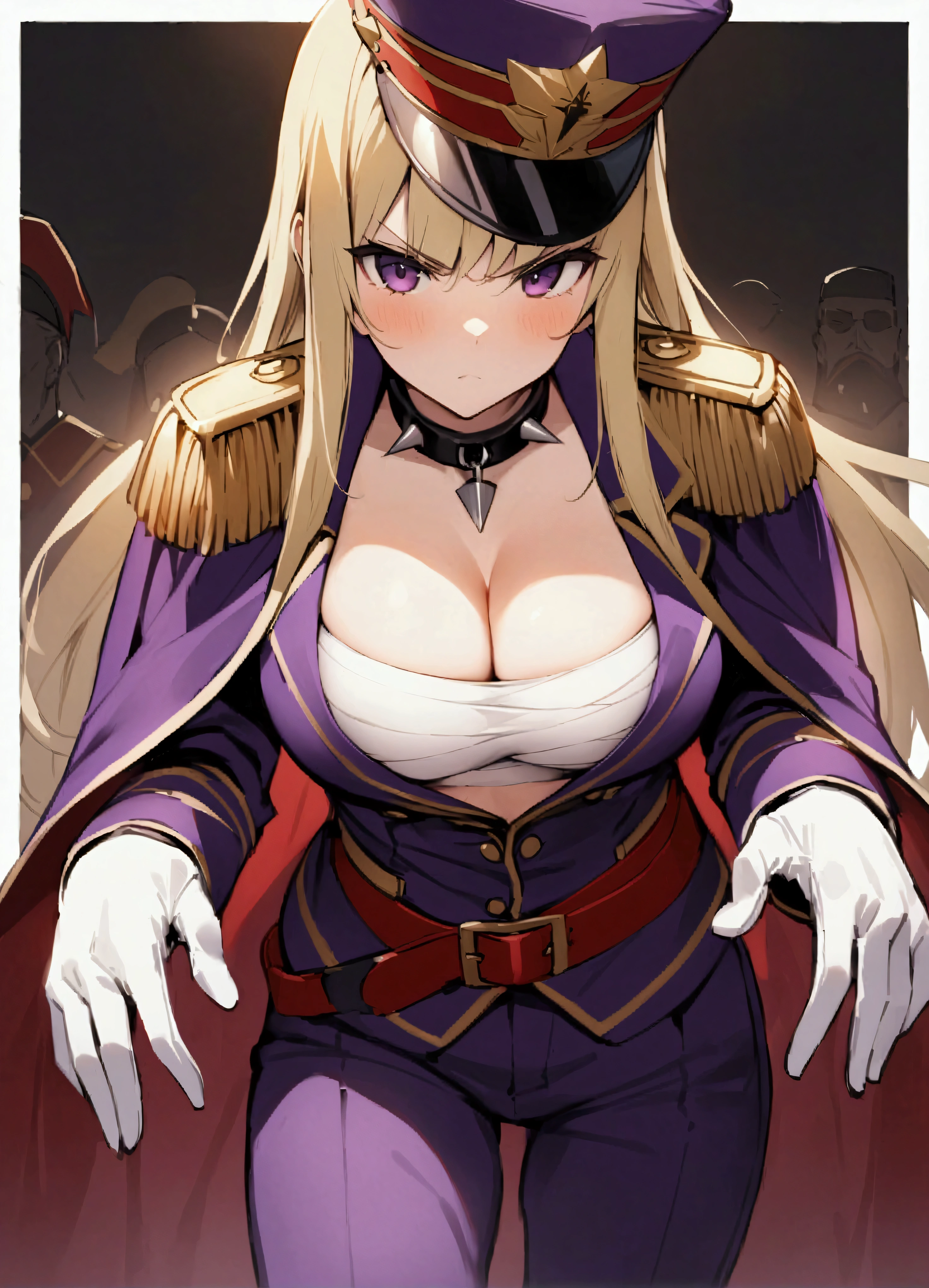 (masterpiece、Highest quality:1.2)、border、Little、solo、One girl、Kamiunten　Merlot（Slave of the Demon Capital）、The Scarlet Regiment、Empress、The violent patriarch、Blonde、Black Mesh、Straight Hair、Sharp Eyeuscular、Older sister、Special Attack Unit、Martial faction、、Staring at the audience、Striped Hair、uniform、military cap、V-shaped eyebrows、White gloves、Sarashi、Cleavage、Purple Jacket、Red Belt、Spike Collar、Epaulettes、Purple Pants