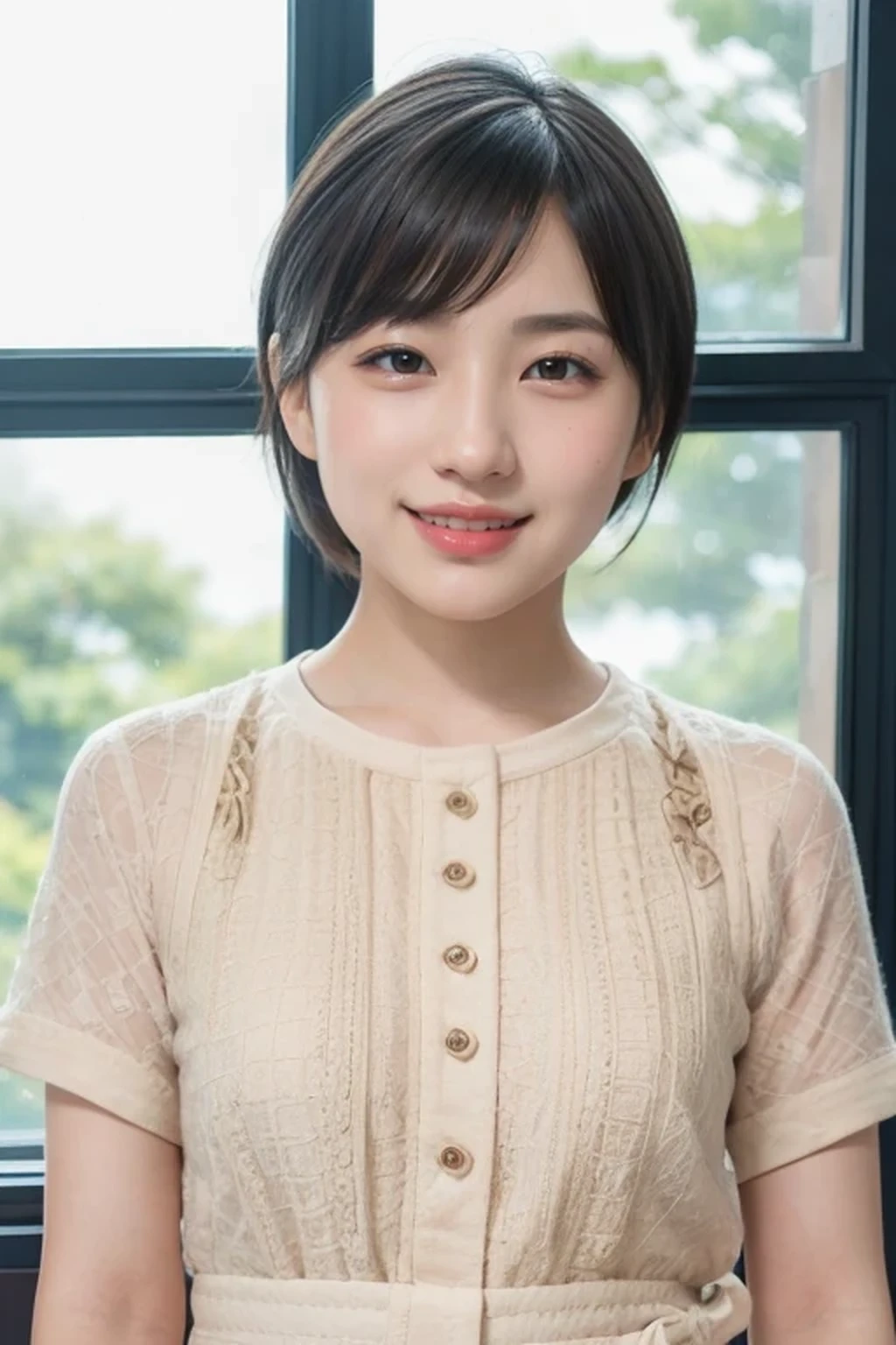 （8k、Raw photography、highest quality、masterpiece：1.2),(black haired、very short hair:1.8),(short twin tails:1.4)、show viewer,Looking at the front,erotic,white skin,(She is wearing a brightly colored Chinese dress with a floral pattern.:1.7)、()、(Clothing that emphasizes the shape of your chest、publish one&#39;Skin:1.8)、(big breasts :1.4)、slim body shape、ultra high resolution,beautiful,beautiful fece,(alone, alone、no background:1.9),whole bodyボディー,japanese woman,（Photoreal：1.37）、photon mapping,reality、(Baby-faced and cute: 1.0)、(cute smile: 1.7)、(With a round face: 1.8)、radio city、Physically based rendering、depth of field rally background、photograph, (I can see your knees,close up of thighs:1.6),whole body、super fine