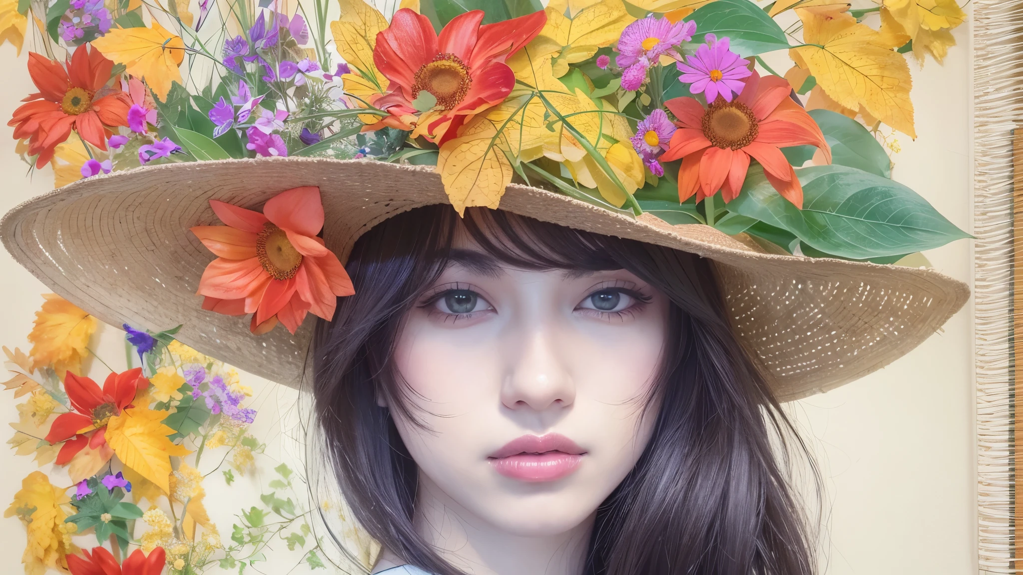 [On a sketchbook sheet with blue lines, A beautiful and intriguing woman looks at the viewer with a slight smile on her lips. She has long, dark hair, that fall on your shoulders. She wears a black hat adorned with red flowers, yellow and purple on the head. The hat contrasts with the white background of the leaf. The image is a true work of pencil painting art, inspired by Diego Koi&#39;s realistic and detailed style, a famous Italian artist.]