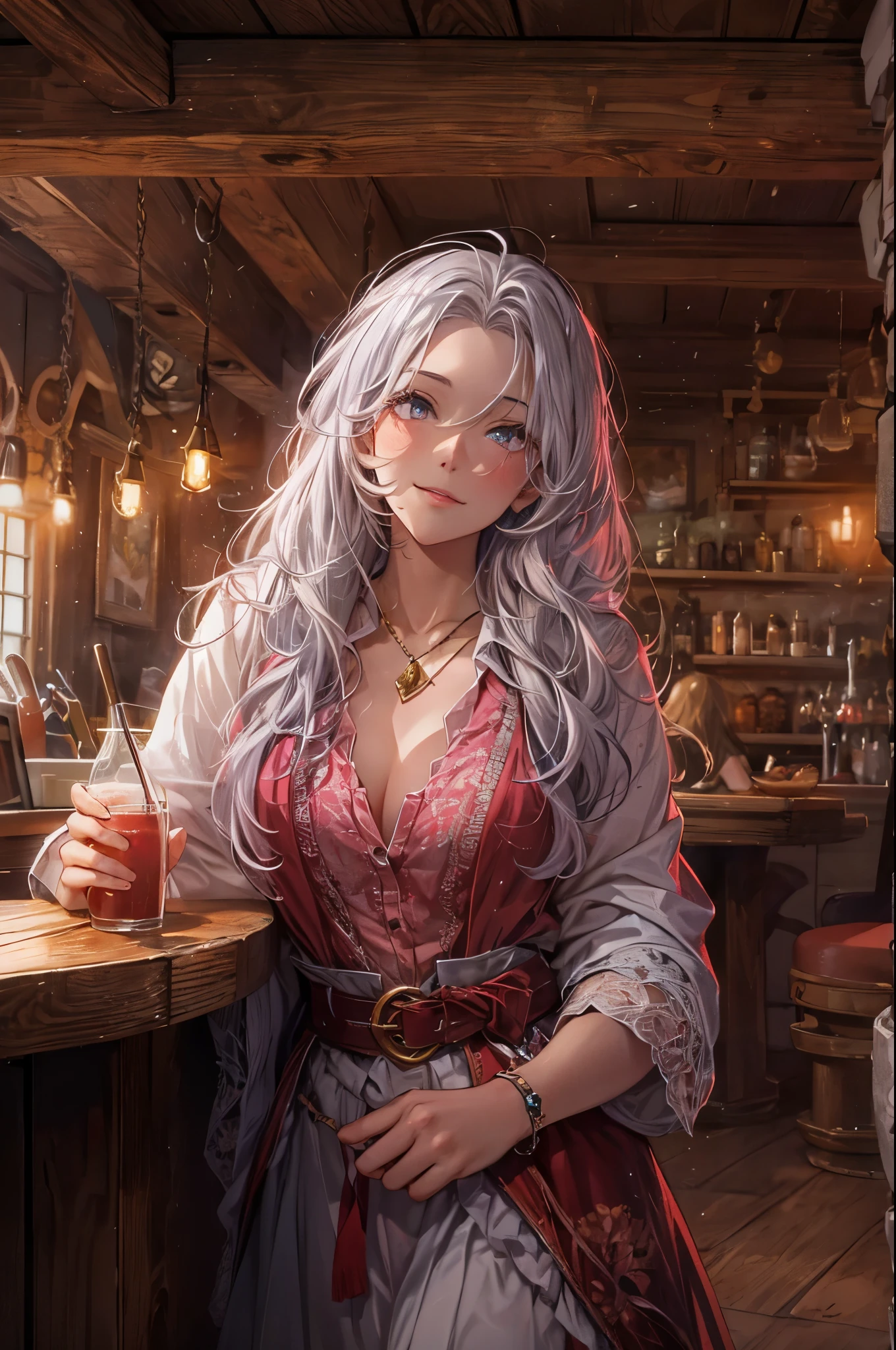 a highly detailed, photorealistic 8K image of a beautiful young woman with long, curvy, messy silver hair and ruby eyes, set in a fantasy tavern, red and white tunic, dawning light, full body shot, pink cheek, (gentle smile), waitress, award winning, high resolution