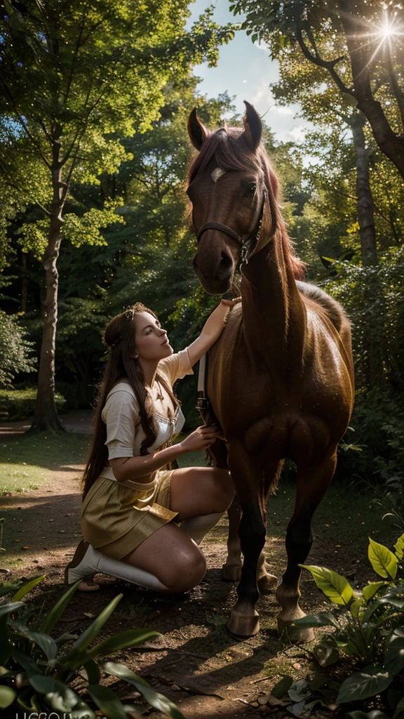 A vibrant, a girl (20 Yo) is Stroking with a unicorn enchanted forest, filled with mythical creatures like unicorns, fairies, and talking animals. (Looking at the camera) The forest is bathed in magical light with towering, ancient trees, colorful flowers, and sparkling streams. In the background, a majestic castle can be seen perched on a hill, with a beautiful sunset casting a warm glow over the entire scene. A hero and heroine are also present, dressed in medieval attire, looking adventurous and ready to embark on a quest. Add shadow effects and, full HD, realistic Lightroom presets