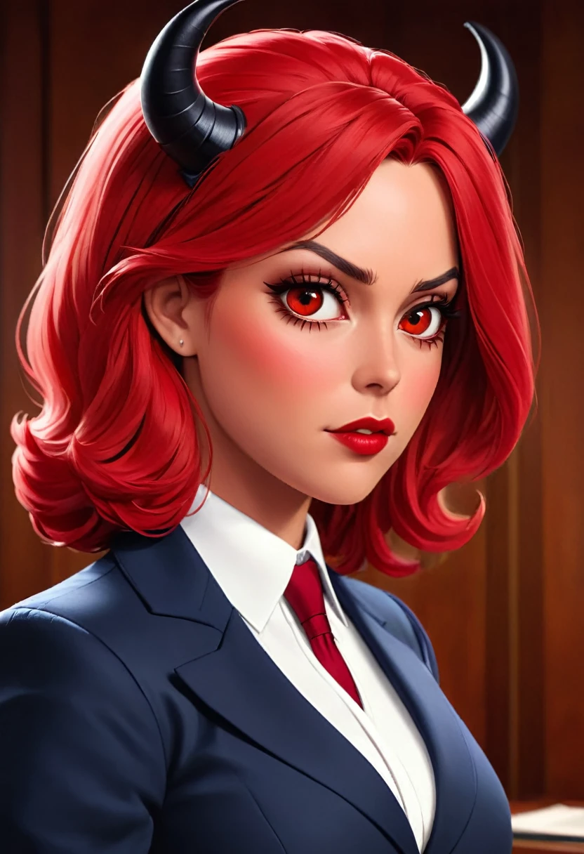 a picture of a female devil wearing barrister's wig and cloak in courtroom, a devilishly beautiful devil, ((anatomically correct: 1.5), (ultra detailed face: 1.2), best detailed face, (red skin: 1.3), two black horns, wearing white button shirt, red tie, English barrister's wig, vibrant, Hyperrealism style, vibrant, Ultra-high resolution, High Contrast, (masterpiece:1.5), highest quality, Best aesthetics), best details, best quality, highres, ultra wide angle, 16k, [ultra detailed], masterpiece, best quality, (extremely detailed) RAW,  photograph, Hyperrealism style