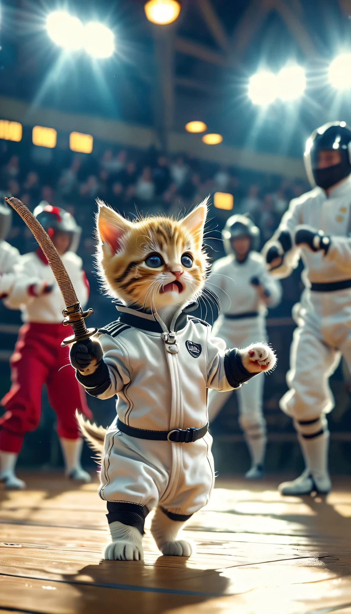 ((8k)), highest quality, 超High resolution, (High resolution), A kitten is wearing a fencing uniform, Fighting in fencing, Fencing field, Arena, Loud cheers from the audience