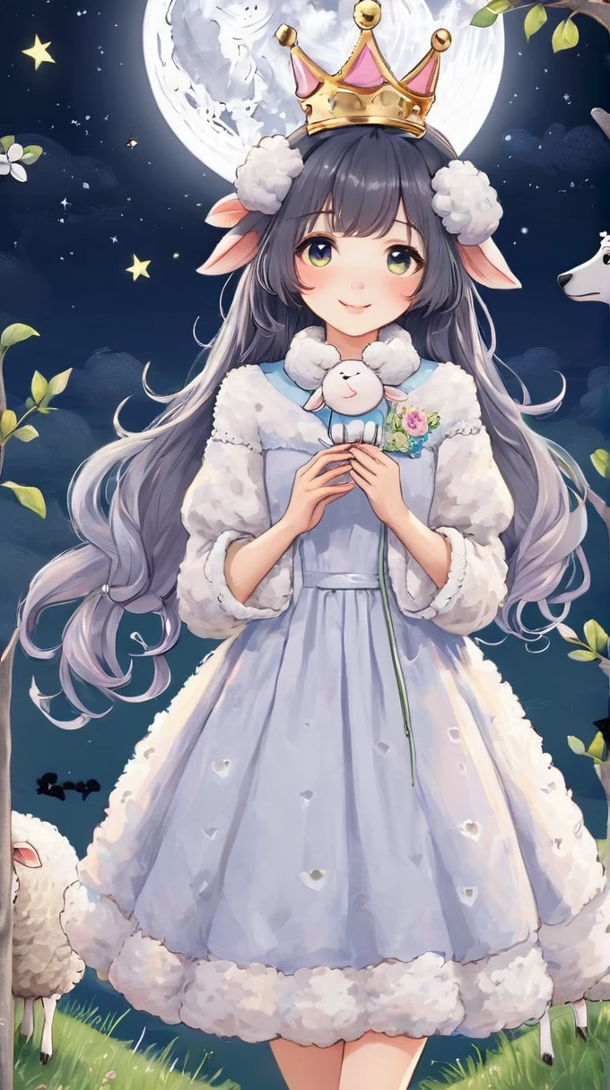romance between a sheep and a black wolf, the sheep wears a crown, moonlight in the background, cute, pastel style