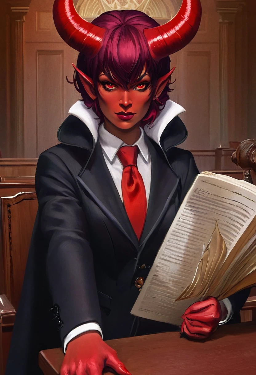 a picture of a female devil wearing barrister's wig and cloak in courtroom, a devilishly beautiful devil, ((anatomically correct: 1.5), (ultra detailed face: 1.2), best detailed face, (red skin: 1.3), two black horns, wearing white button shirt, red tie, English barrister's wig, vibrant, Hyperrealism style, vibrant, Ultra-high resolution, High Contrast, (masterpiece:1.5), highest quality, Best aesthetics), best details, best quality, highres, ultra wide angle, 16k, [ultra detailed], masterpiece, best quality, (extremely detailed) RAW,  photograph, Hyperrealism style