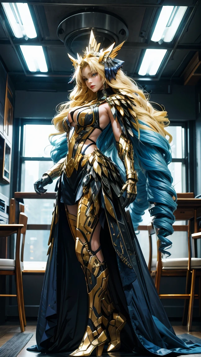 Best quality, masterpiece, ultra high res, raw photo, beautiful and aesthetic,deep shadow, dark theme,(ultra detailed:1.3),
1girl, dynamic pose, Headdress, hair ornament, full of curtain, drill hair, long hair, blonde hair, gradient hair, yellow eyes, solo, huge breasts, G-cup, big hair, blue hair, tiara, divine goddess, looking at viewer, cyber punk city, indoors, bedroom, astraea, full body, mechanical parts, mecha theme, scifi theme, wing, robot joints, mechanical wing, many rings of light above, headgear, mecha musume