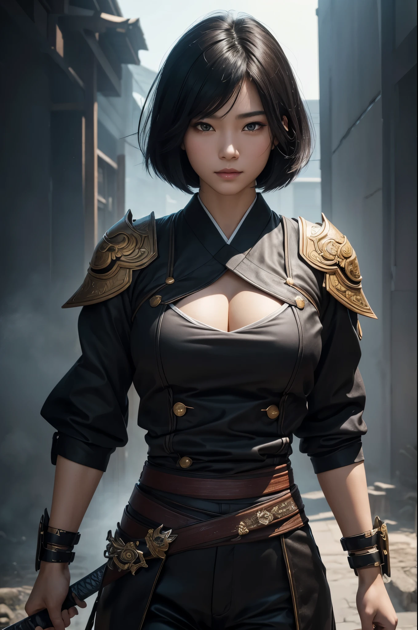 8k、alone、16 year old big breasted beauty,Super Beauty(Like the real thing),Iris,super beautiful teenager,Black short bob hair,黒と赤のSexy Exterior,Black trousers,Golden decoration,長くて大きなJapanese sword,Demon Slayer: Androgynous Beauty,A wonderful work of art、Wind effects:1.9、Cloud Effect:1.2、Full Rendering,Unreal Engine、Japanese sword 1本,Cool beauty,Ultra-high resolution,super 超Realistic Skin,Ultra-precise hand-crafted detailing,１Japanese sword,smile,Photorealistic RAW photos of the highest quality。Backlight, Cinema Lighting, Film Grain, 50mm lens, Nikon D850,Realistic Skin,Fantasy art,Character Art,Ultra-high resolution,Muscular and slim body,Muscular and lean lower body,Precise facial details,What&#39;s left behind,Perfect hands,Cool sexy beauty,landscape,Ultra-realistic smoke,Extremely ripped abs,Muscular Beauty,Very large breasts,Sexy Exterior,Wide open chest,Body balance,smile,Makeup,Accentuate your cleavage,Dynamic fighting pose,