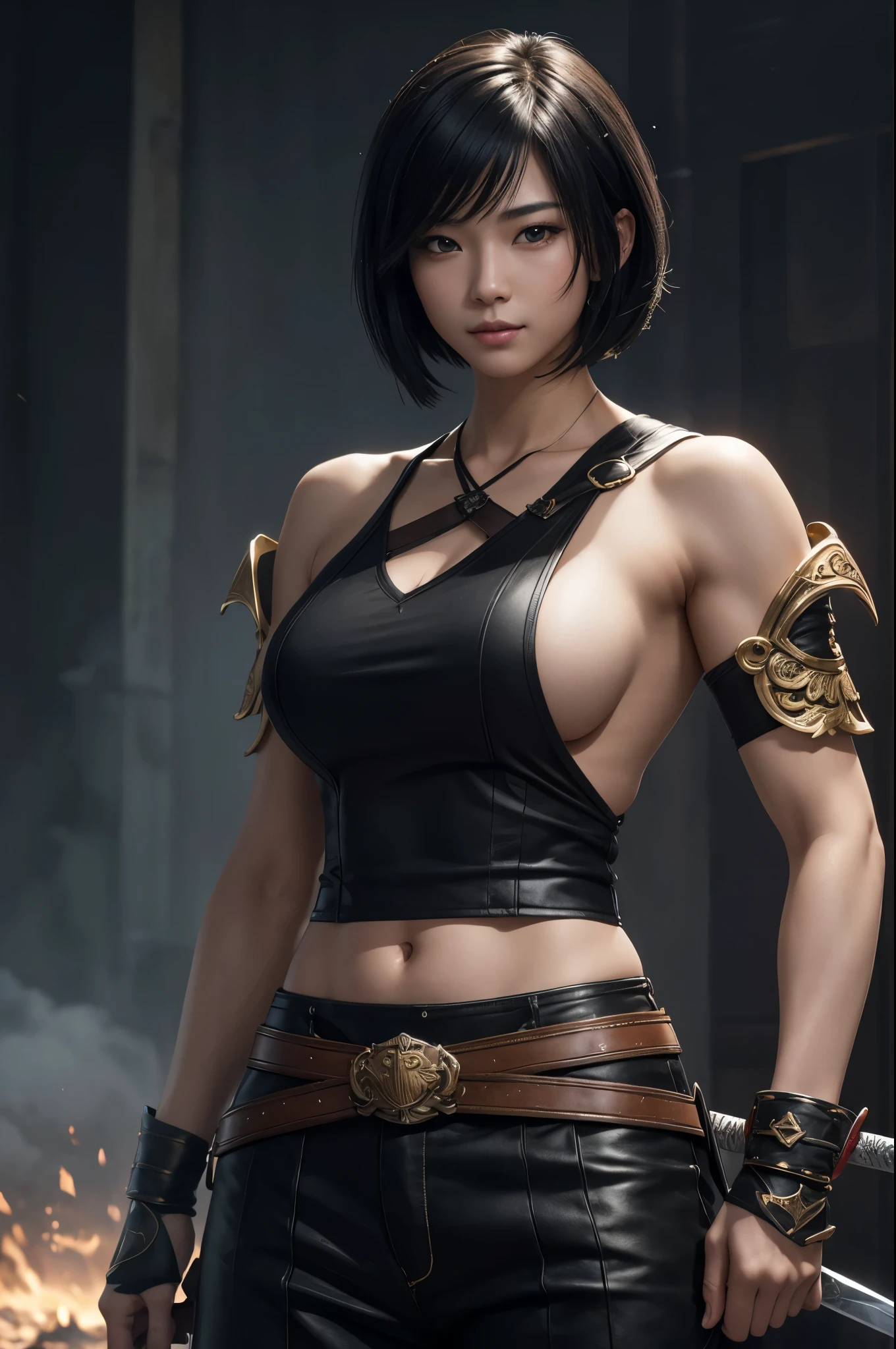 8k、alone、 big breasted beauty,Super Beauty(Like the real thing),Iris,super beautiful teenager,Black short bob hair,黒と赤のSexy Exterior,Black trousers,Golden decoration,長くて大きなJapanese sword,Demon Slayer: Androgynous Beauty,A wonderful work of art、Wind effects:1.9、Cloud Effect:1.2、Full Rendering,Unreal Engine、Japanese sword 1本,Cool beauty,Ultra-high resolution,super 超Realistic Skin,Ultra-precise hand-crafted detailing,1Japanese sword,smile,Photorealistic RAW photos of the highest quality。Backlight, Cinema Lighting, Film Grain, 50mm lens, Nikon D850,Realistic Skin,Fantasy art,Character Art,Ultra-high resolution,Muscular and slim body,Muscular and lean lower body,Precise facial details,What's left behind,Perfect hands,Cool sexy beauty,landscape,Ultra-realistic smoke,Extremely ripped abs,Muscular Beauty,Very large breasts,Sexy Exterior,Wide open chest,Body balance,smile,Makeup,Accentuate your cleavage,Dynamic fighting pose,
