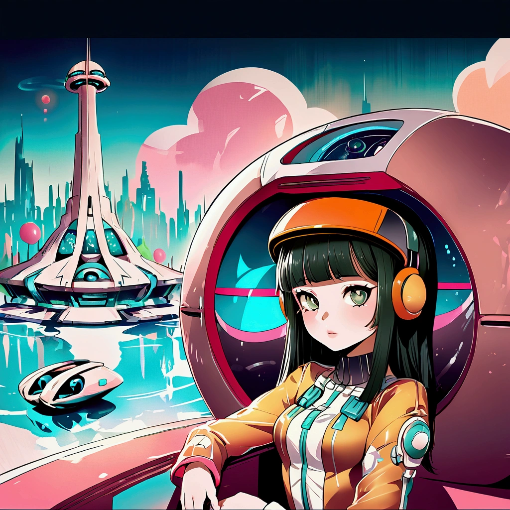 Retro-future,young woman,Late teens,colorful,Pop colors,Inkpunk