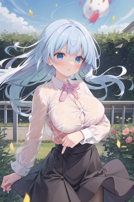 top quality, 1 girl, (hollow skin), (big breasts), (day), bright, background blur, outdoor, (Street:0.6), (hair:1.5), (blouse:1.5), gorgeous, (hair Float:1.5), luz outfit, wind, garden, Street