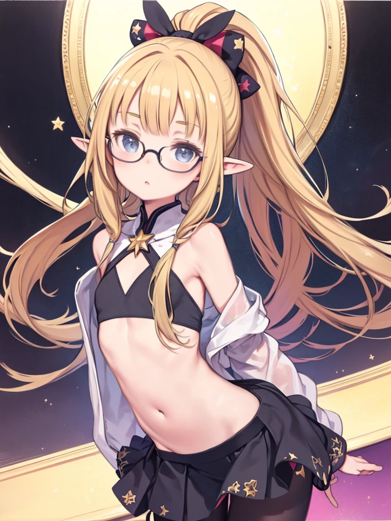 ultra detailed, best quality, high resolution, ((16k)), ((1 little girl)), pale skin, petite, (glossy blonde hair:1.5), (very short hair), (ahoge:1.5), (glasses), pointy ears:1.3, (blush:1.5), blue eyes, ((large breasts)), (((face:1.5))), ((single short braid:0.8)), (wavy mouth:1.3), open mouth:1.5, ((hair ribbon)), nsfw, ((nude:1.3)), ((forehead:1.3)), (((cum on breasts:1.3))), (beach), ((star night:1.5))