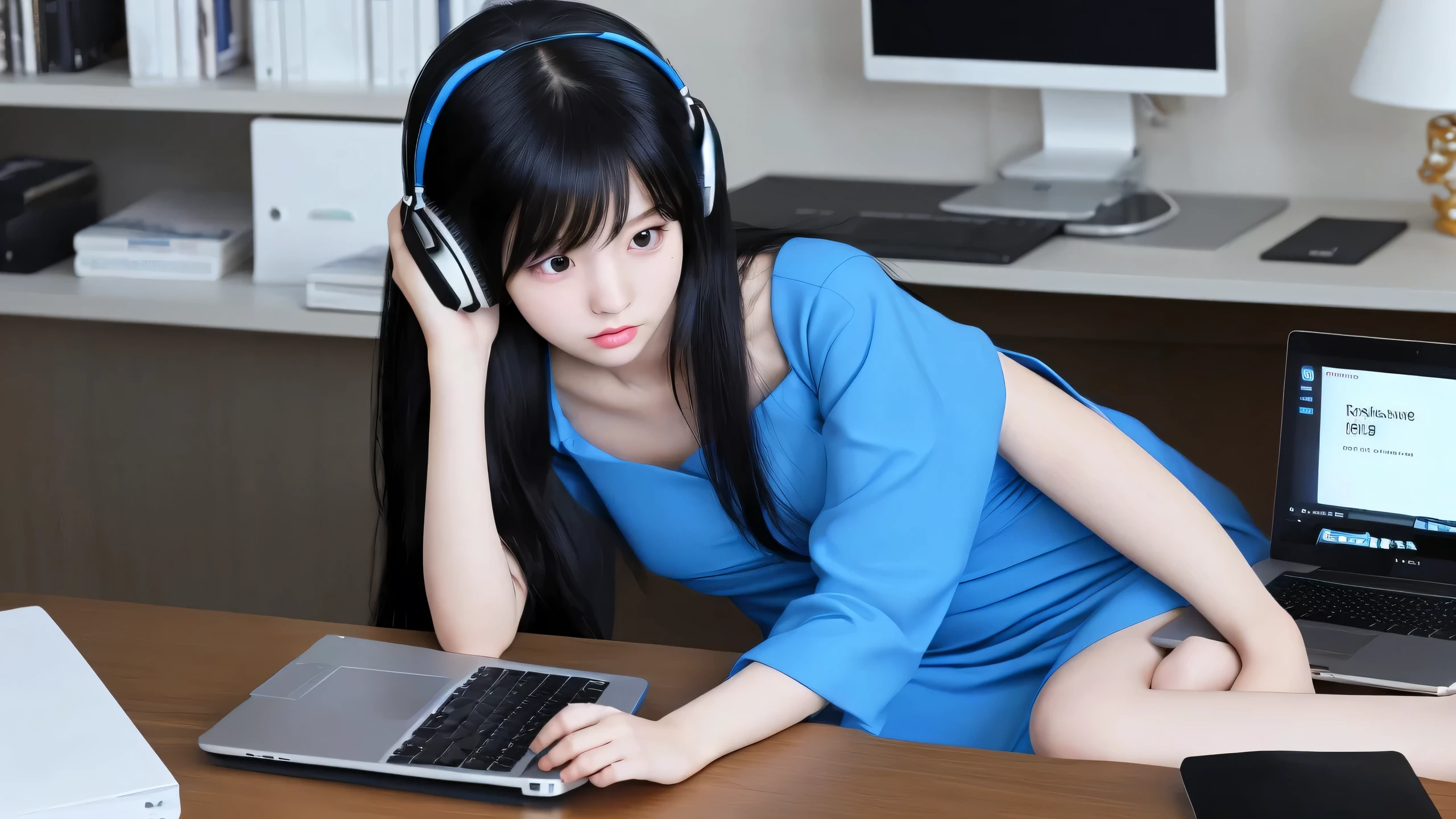 4K,She puts on headphones and opens her laptop.、Study at your desk, Over a cup of coffee。teenage girl with long black hair、thin,Super Beauty,Blue dress,CG