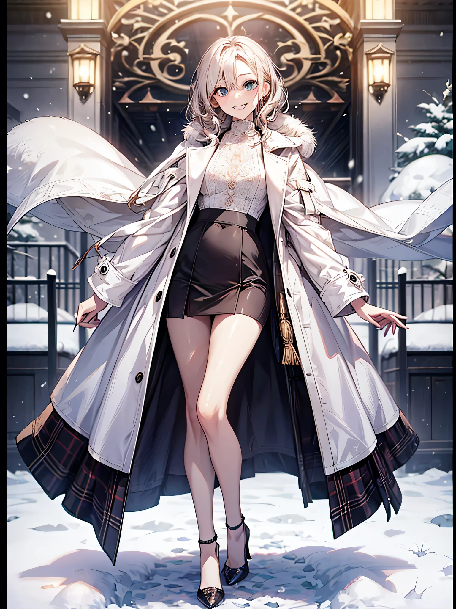 (Correct number of limbs)、Full body, including face、4K、masterpiece、Focus on the face、Well-proportioned facial features、Delicate descriptive eyes、One beautiful woman、Excellent style、(White coat、skirt、High heels)、Photos with white borders、Looking into the camera、On the snow、Shooting from an angle、Panty shot、(Grin)