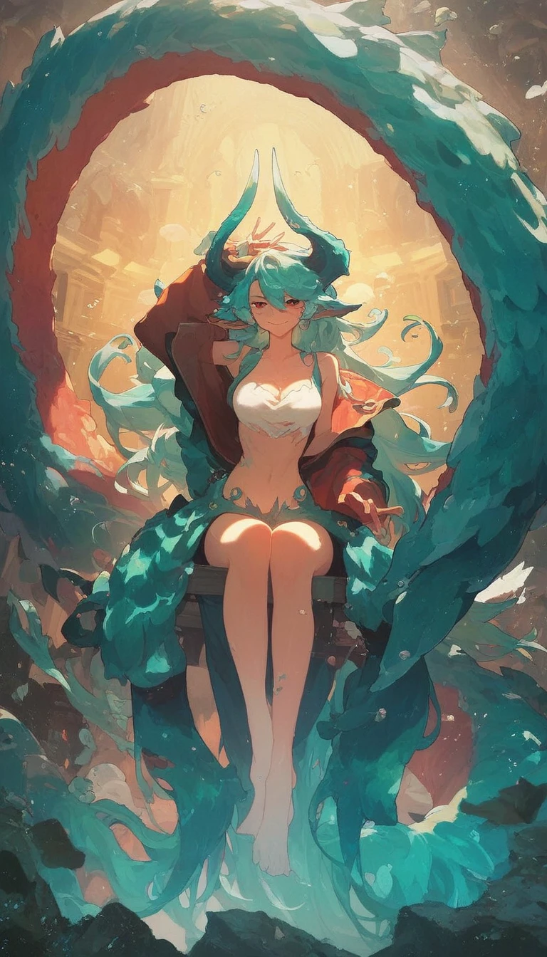 Best quality, Super detailed illustration, warm colors, perfect lighting, perfect detail ,Cute sea monster girl
