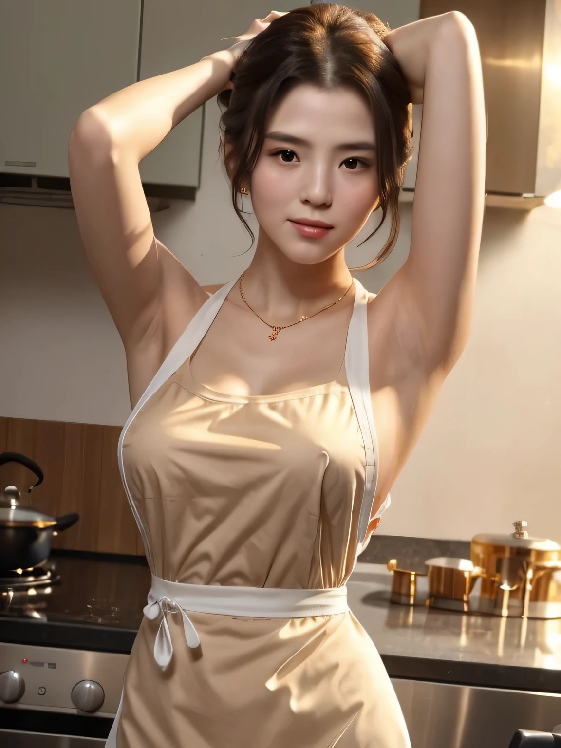 ((Armpit、top-quality、8K、​masterpiece:1.3))、1girl in, (beautiful woman with accentuated slender abs:1.3), (random hairstyle:1.2)、(firm side breast:1.2)、(nsfw:1.3), Super detailed face, A detailed eye, double eyelid, smooth armpits, arms up tie her hair , sweating body, firm breast, luxury kitchen, full body portrait photography, elegant elite woman naked apron in kitchen, stylish apron, seductive posture, a wide open neckline, gold necklace, I can see her whole body, naked apron