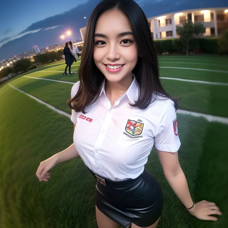 1girl, (uniform), standing, outdoors, night view, Metropolitan city at the background, detailed face, little smile, detailed eyes, medium breasts, shiny realistic skin, fit body, short skirt, looking at the audience, (ultra wide angle shot: 1.3), (8k, RAW photo, best quality, masterpiece: 1.2), (realistic, realistic: 1.37), ultra-high resolution