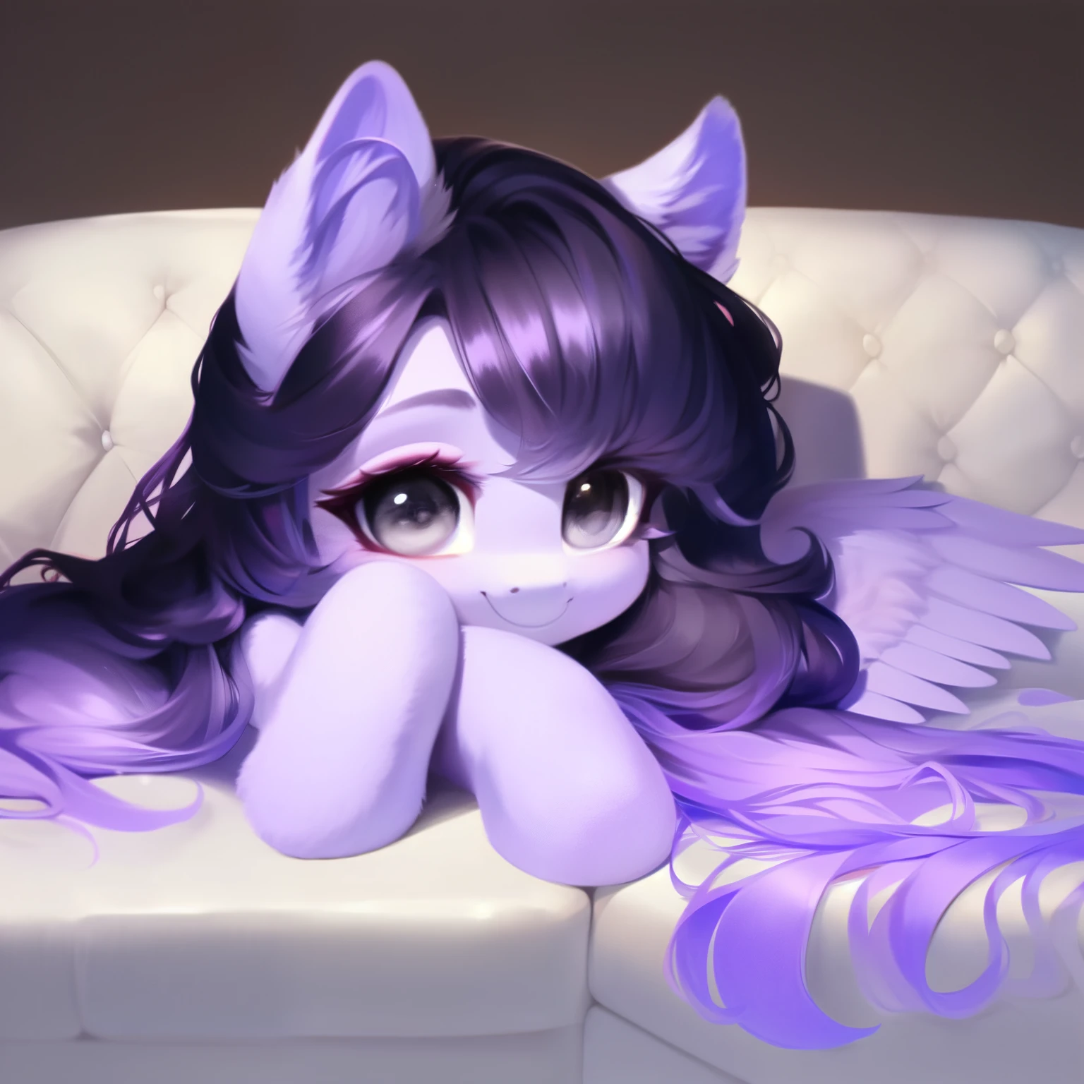 rating_safe, score_9, fluffy, feral pegasus pony, female,round cute face， Lavender purple body, black-purple mane, disheveled hair, soft and delicate long hair, clear grey eyes, grey eyes, smiling. dynamic。young and beautiful。Lying on the sofa，White sofa，High and cold。whole body