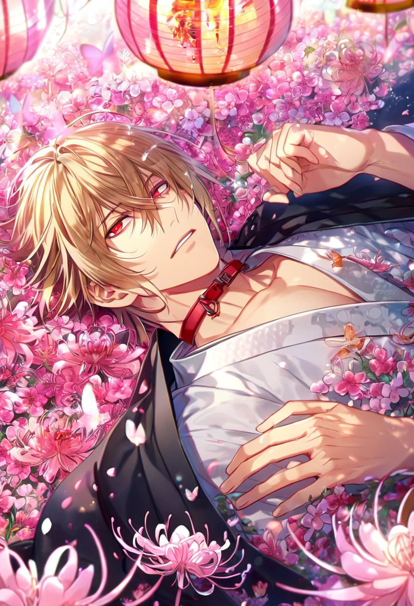 absurd resolution, high resolution, ultra detailed, detailed eyes, extremely detailed, HDR, 8K, Kazama Chikage, honey blonde hair, expressive red eyes, Hakuouki, solo, sexy man lying on a bed of flowers, handsome, black haori, white kimono, red collar, fantasy, cool, magical, pink glittering butterflies, pink dust flying around, pink spider lilies, pink petals, pink lanterns, Japanese ambiance, cherry blossoms