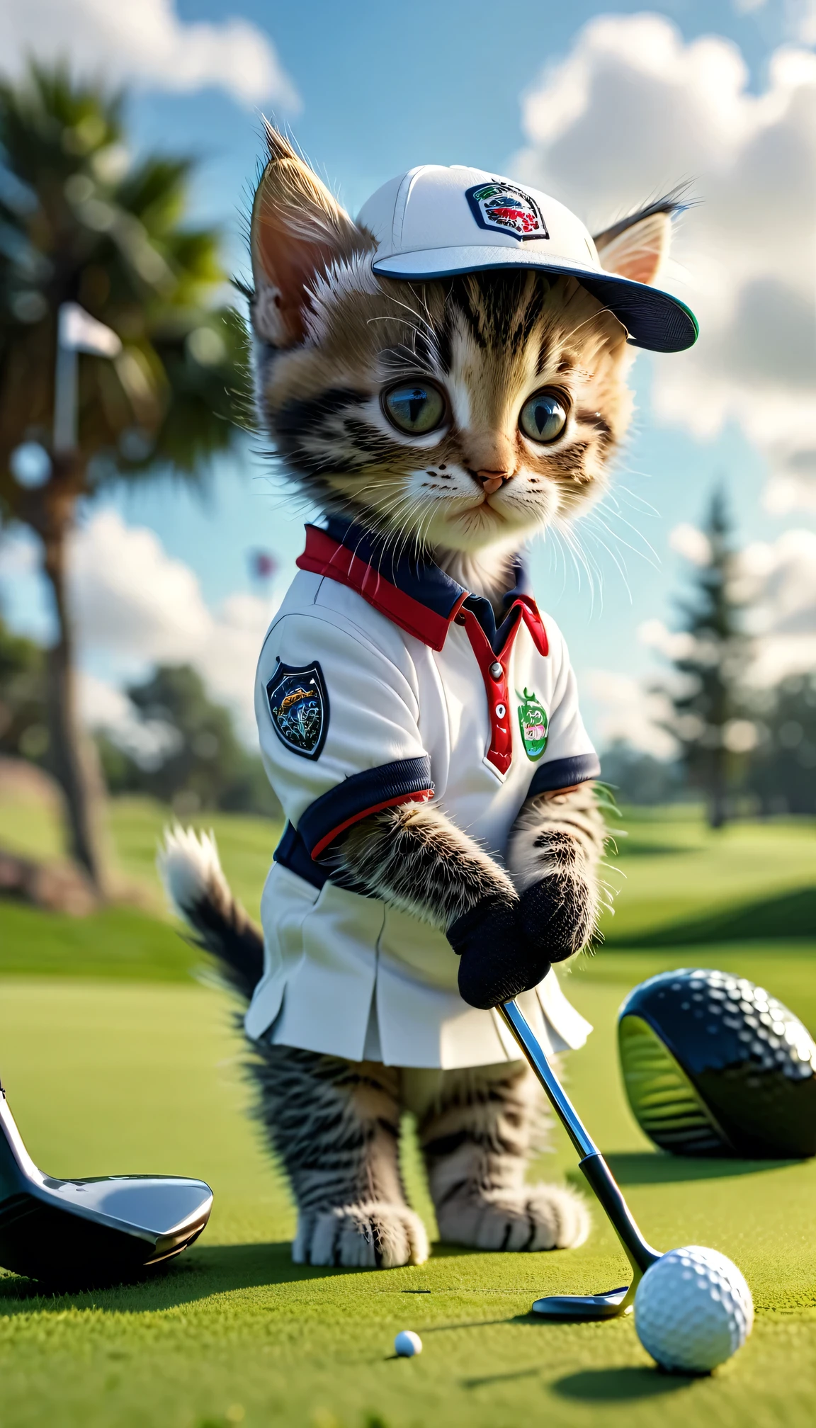 ((8k)), highest quality, 超High resolution, (High resolution), A kitten is wearing a golf uniform, Playing golf, Swinging the driver, Golf course