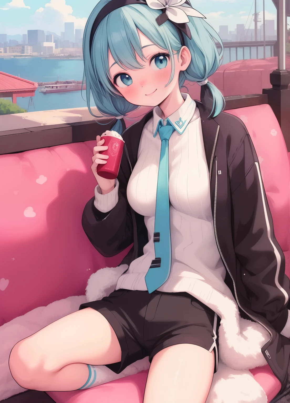 (masterpiece、Highest quality、Highest quality、Official Art、Beautiful and beautiful:1.2)、(One girl:1.3)Hatsune Miku、Twin tails,Beautiful breasts, Katsushika Hokusai, One girl, Blue Hair, Very short hair, Eula \(Genshin Impact\), black Jacket, Jacket, Fooded Jacket, Food, shirt, white shirt, black head band, head band, Large Breasts, Shorts, Shorts, black Shorts, Urban, smile, Normal clothes, Simple clothes, Happy, light smile, expensive, expensive female, city