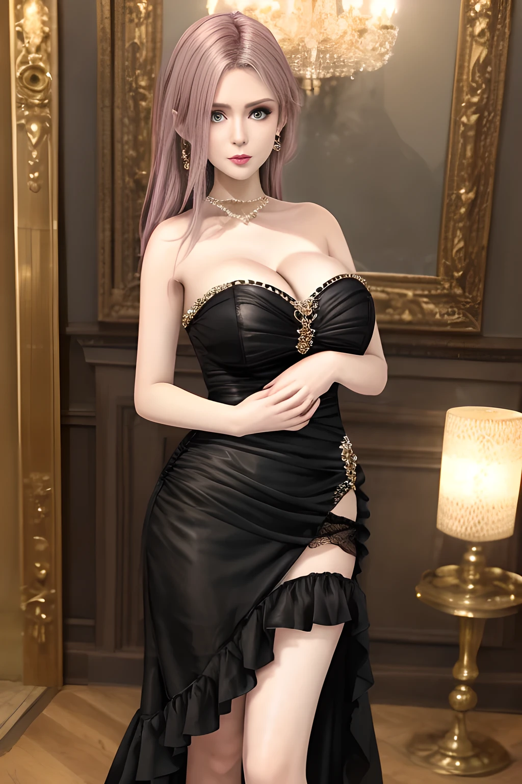 1girl is wearing an elegant black strapless dress. The dress is beautifully designed with ruching on the bodice and a cascading ruffled asymmetrical hem, adding a playful and chic touch to the outfit. The person is standing upright, with one hand gently touching their leg and the other hand relaxed by their side. The background is plain and neutral, drawing attention to the dress itself. The lighting is soft, highlighting the details of the dress and creating a fashionable and stylish atmosphere,, huge breasts, elise