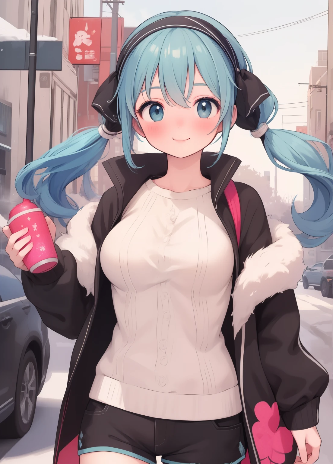 (masterpiece、Highest quality、Highest quality、Official Art、Beautiful and beautiful:1.2)、(One girl:1.3)Hatsune Miku、Twin tails,Beautiful breasts, Katsushika Hokusai, One girl, Blue Hair, Very short hair, Eula \(Genshin Impact\), black Jacket, Jacket, Fooded Jacket, Food, shirt, white shirt, black head band, head band, Large Breasts, Shorts, Shorts, black Shorts, Urban, smile, Normal clothes, Simple clothes, Happy, light smile, expensive, expensive female, city