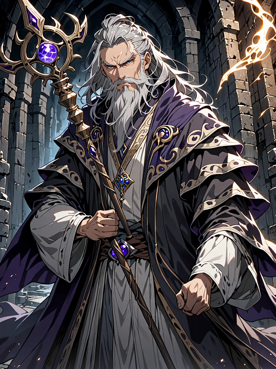 1 male, solo, ancient benevolent wizard, majestic, dark atmosphere, staff, grey beard, worn clothes, dungeon, dark magic, close up, determined expression