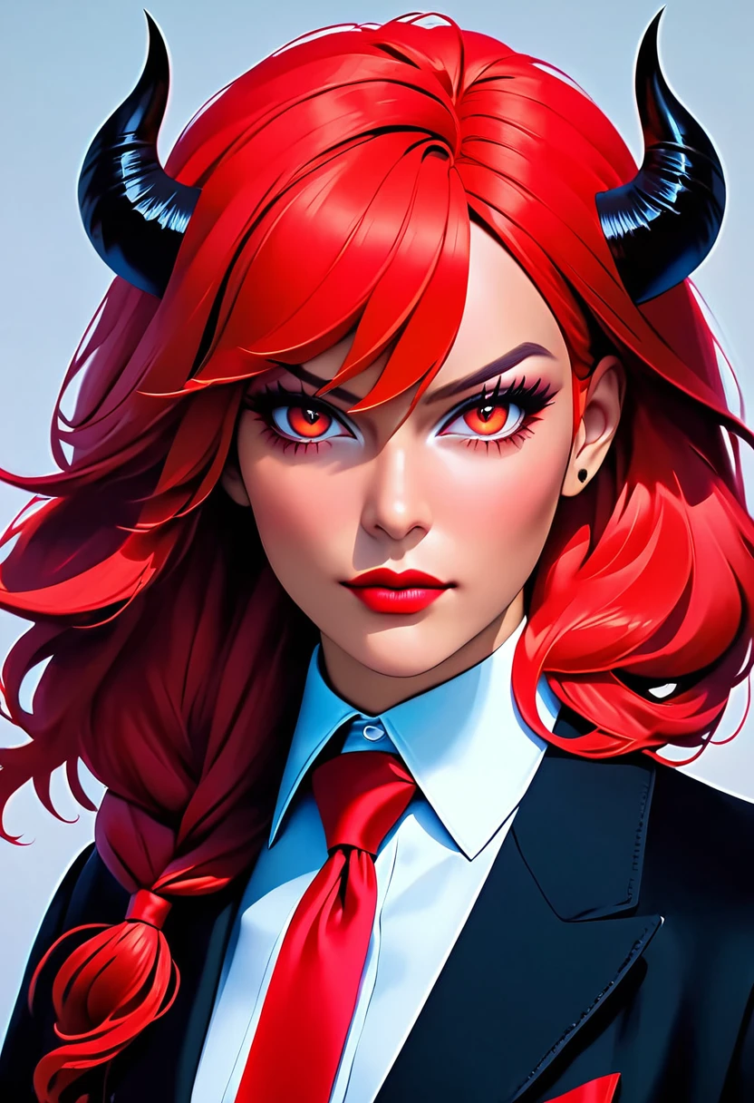 a picture of a female devil wearing barrister's wig and cloak in courtroom, a devilishly beautiful devil, ((anatomically correct: 1.5), (ultra detailed face: 1.2), best detailed face, (red skin: 1.3), two black horns, wearing white button shirt, red tie, English barrister's wig, vibrant, Hyperrealism style, vibrant, Ultra-high resolution, High Contrast, (masterpiece:1.5), highest quality, Best aesthetics), best details, best quality, highres, ultra wide angle, 16k, [ultra detailed], masterpiece, best quality, (extremely detailed) RAW,  photograph, Hyperrealism style