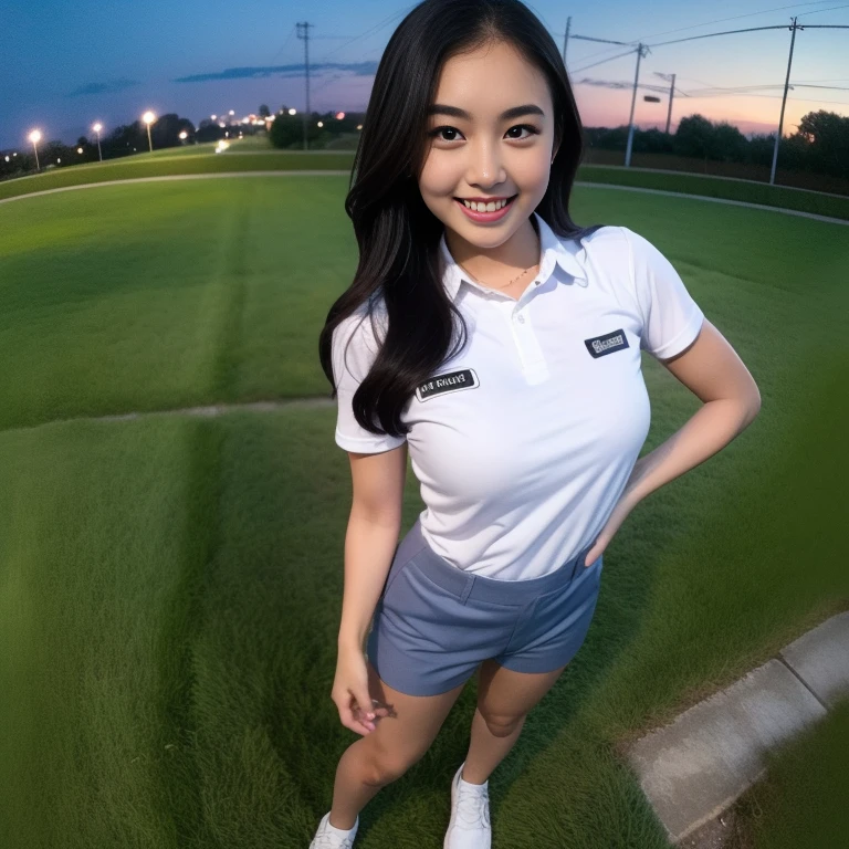 1girl, (uniform), standing, outdoors, night view, detailed Metropolitan city at the background, detailed face, little smile, detailed eyes, medium breasts, smooth realistic skin, fit body, short pants, looking at the audience, (ultra wide angle shot: 1.3), (8k, RAW photo, best quality, masterpiece: 1.2), (realistic, realistic: 1.37), ultra-high resolution