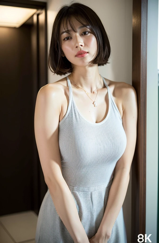 ((8K:1.27)、Top quality、masterpiece、Ultra-high resolution:1.2)Beautiful Japanese women photos(Pleasant:1.1) (shirt:1.21) grace、There is a good、Gradient lighting、1 Girl、Delicate skin、look here、Brown eyes、(Short hair with bangs:1.2)、(Large breasts:1.0)、(Medium areola:0.8)、(Realist:1.4)、(Top quality:1.0)、(Ultra-high resolution:1.0)、8K、Standing、By standing upright、Original Photography、(masterpiece:0.2)、(Pure Face v1:0.5）、 Striped Print Holter Dress、White clothes、A necklace、Kamiaki、date、Excited expression、Red cheeks、Want me、Stare at this、theme、tilt、Firm cheeks、look here、lol、Futomo、sandalwood、Beautiful thighs、a little fat、Beautiful thighs、From the front、Composition viewed from slightly below.、Stand upright in front of the camera、handbag、Facing forward、Armed、office、Entrance、入口hall、hall、Greeting、Business Essays、清新的微lol、