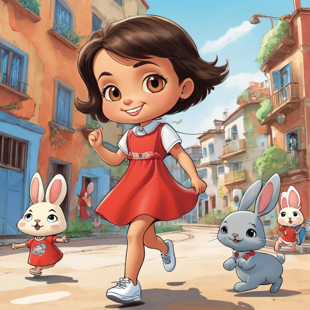 Mônica's gang (Mônica),urban neighborhood scenario in the background, art by Mauricio de Sousa cartoon style,Mônica is an oval face brunette girl,cute and prominent just two front teeth,with very short hair with very detailed comb marks, wears a little red dress and barefoot, she carries a light blue stuffed hare in her right hand, which she uses to hit rascal kids, cute character girl. 2D Cartoon Style, Character Concept Art, funny and creative drawing, Perfect composition