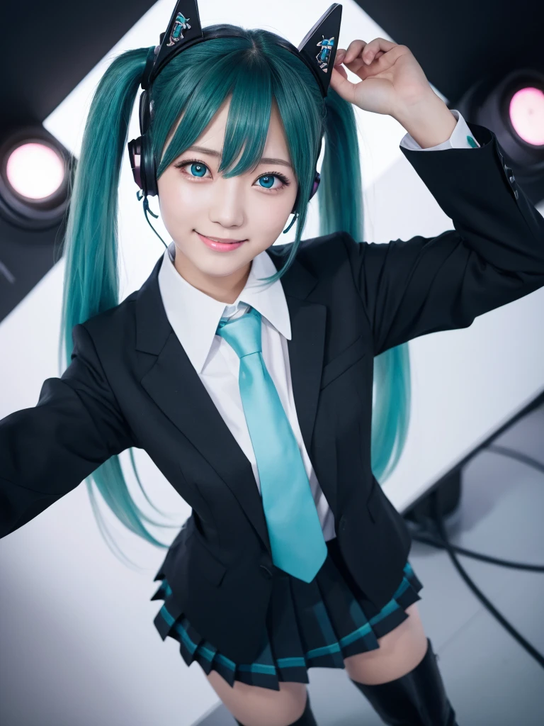 (Highest quality, 128K, masterpiece:1.55), Ultra detailed face, Detailed lips, Detailed eyes, double eyelid,
BREAK (Happy smile), upper body, (Seductive pose:1.6), (high angle shot, dutch angle, dynamic angle),
BREAK 1girl, 18years old, Svelte Body,
BREAK miku hatsune, ahoge, aqua eyes, aqua hair, crossed bangs, hair between eyes, hair ornament, headphones, long hair, twintails,
BREAK aqua tie, Black footwear, black skirt, black sleeves, boots, collared shirt, Removable sleeves, grey shirt, tie, pleated skirt, shirt, skirt, No sleeve, No sleeve shirt, thigh boots, tieピン,
BREAK Spotlight, Highly detailed background, Live Stage, Neon Light,