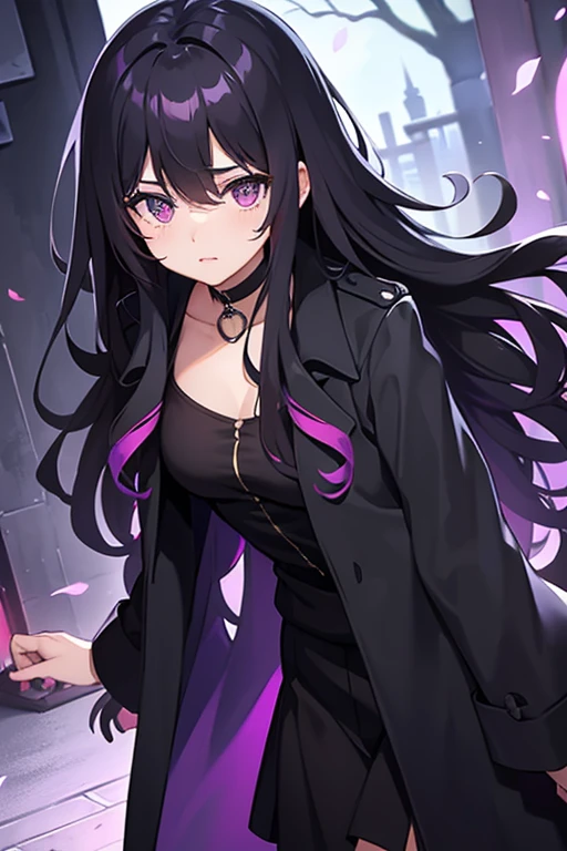  linda, with long coat, black and wavy hair, purples eyes, pretty, 