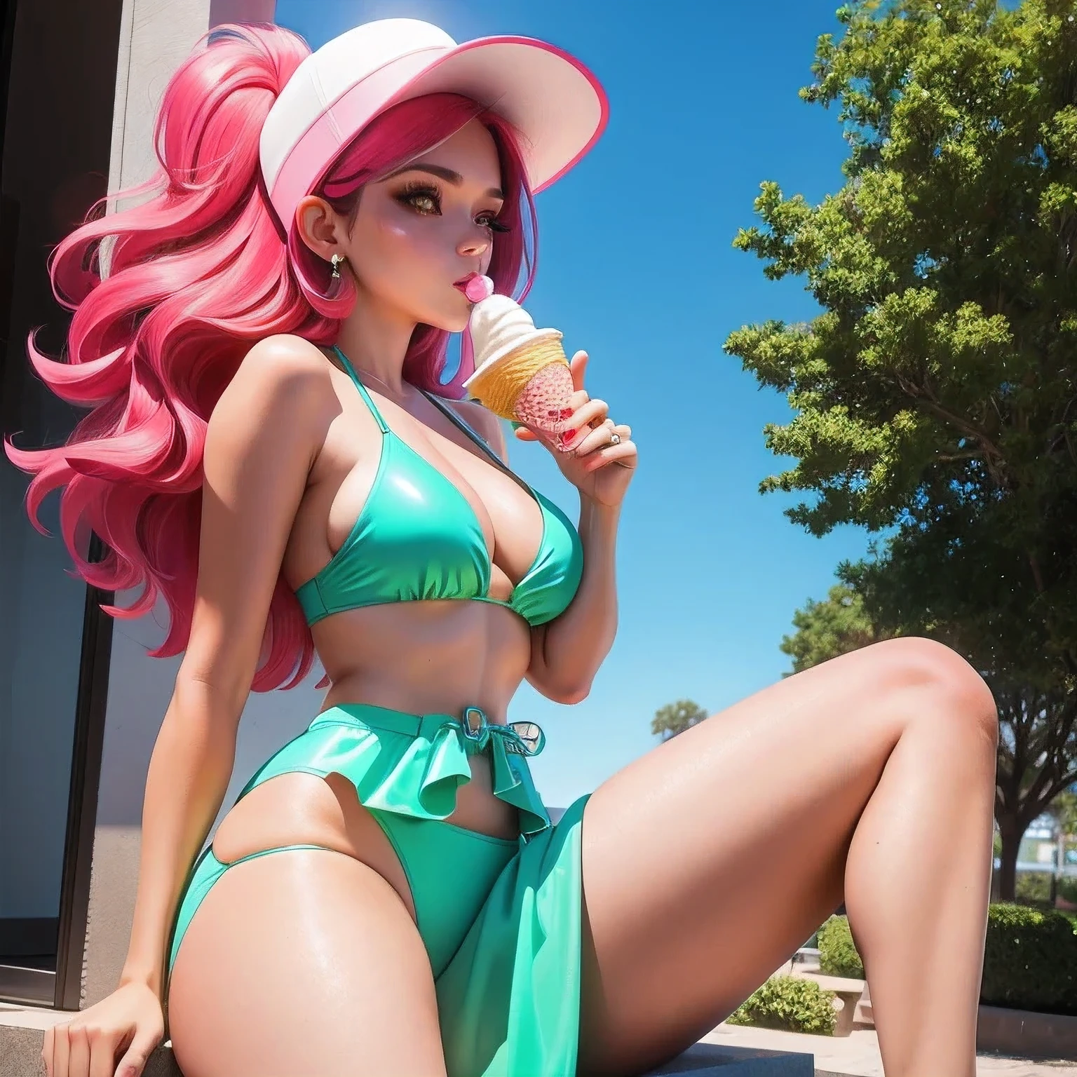 araffe1 girl in a bikini eating an ice cream cone, eating ice cream, in a bikini, angela white, giorgia meloni, katy perry, in bikini, eating ice - cream, wearing spandex bikini, ice cream on the side, bikini, ice cream, wearing a bikini, candid photo of dirty, shiny plastic bikini, candid shot, cone, 1 girl, solo,in a green dress standing by a wall,portrait of female idol,