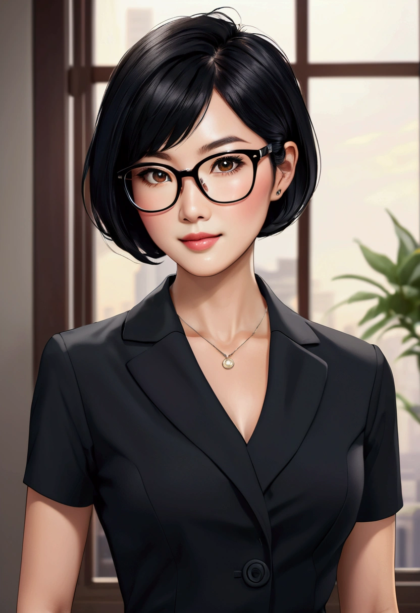 short black hair, glasses, business woman, asian