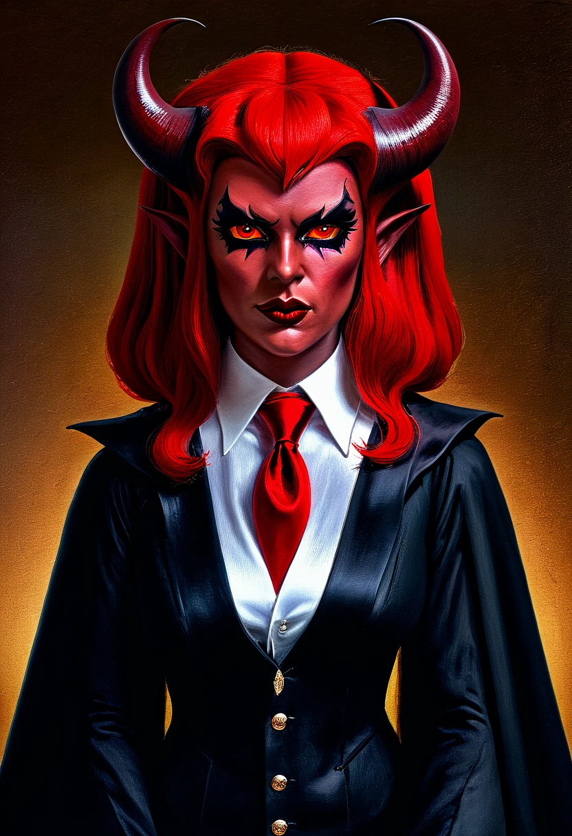 a picture of a female devil wearing barrister's wig and cloak in courtroom, a devilishly beautiful devil, ((anatomically correct: 1.5), (ultra detailed face: 1.2), best detailed face, (red skin: 1.3), two black horns, wearing white button shirt, red tie, English barrister's wig, vibrant, Hyperrealism style, vibrant, Ultra-high resolution, High Contrast, (masterpiece:1.5), highest quality, Best aesthetics), best details, best quality, highres, ultra wide angle, 16k, [ultra detailed], masterpiece, best quality, (extremely detailed) RAW,  photograph, Hyperrealism style