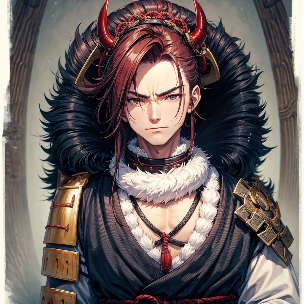 man in samurai armor with fur around the neck and waist, Wearing a devil's helmet, Dusty ornaments, Tired of fighting, Man Warrior, armor, amazing, Facial blemishes, DND Character Portrait, Complex, 8k resolution, Dynamic Lighting, Ultra-detailed, Unreal 5, Volumetric lighting, Alphonse Mucha, Pre-Raphaelites, Detailed Background, Mandala, Detailed face, Detailed eyes, neon eyes