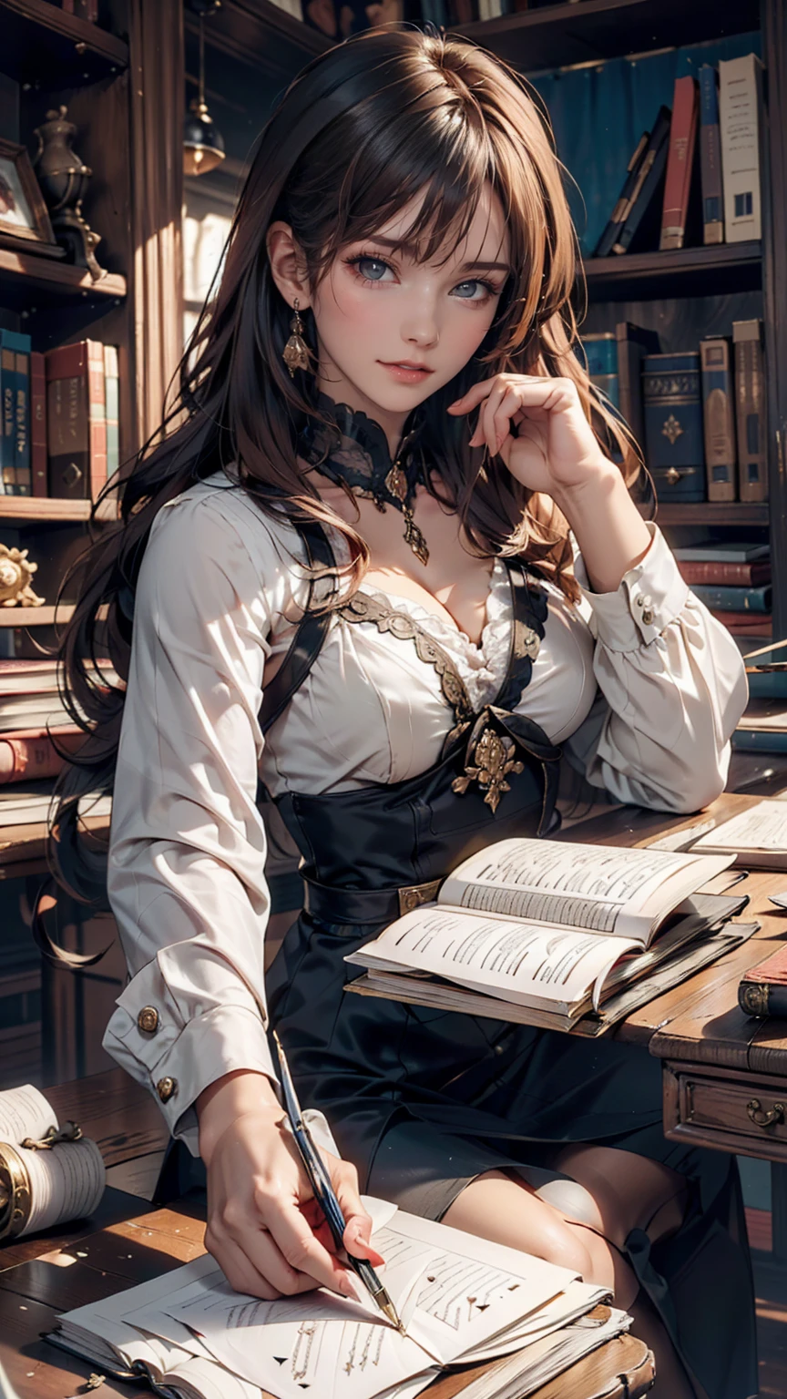 In the royal study、A woman from the royal family writes a letter at an antique desk。She is surrounded by luxurious books and furniture.