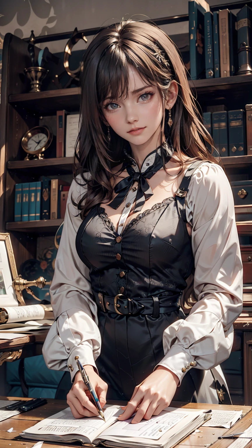 A girl in a white lace dress with Leonardo da Vinci's notes in the background、Image of À la Fed, A stunningly young and elegant person, Magical Girl Portrait, Portrait of a Young Witch girl, Girl in steampunk clothes, Musician girl in lace clothes, Natalia Dyer, Dafne Keen, Portrait of a Young Witch, Girl with magical powers, Inspired by Irakli Nadar, Inspired by William Mastester Lockhart, Highest quality, detailed, detailed, masterpiece, high resolution、24-year-old woman、Sexy proportions、Narrow waist、slender、Sexy