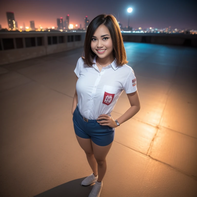 1girl, (uniform), standing, outdoors, night view, detailed Metropolitan city at the background, detailed face, little smile, detailed eyes, medium breasts, smooth realistic skin, fit body, short pants, looking at the audience, (ultra wide angle shot: 1.3), (8k, RAW photo, best quality, masterpiece: 1.2), (realistic, realistic: 1.37), ultra-high resolution