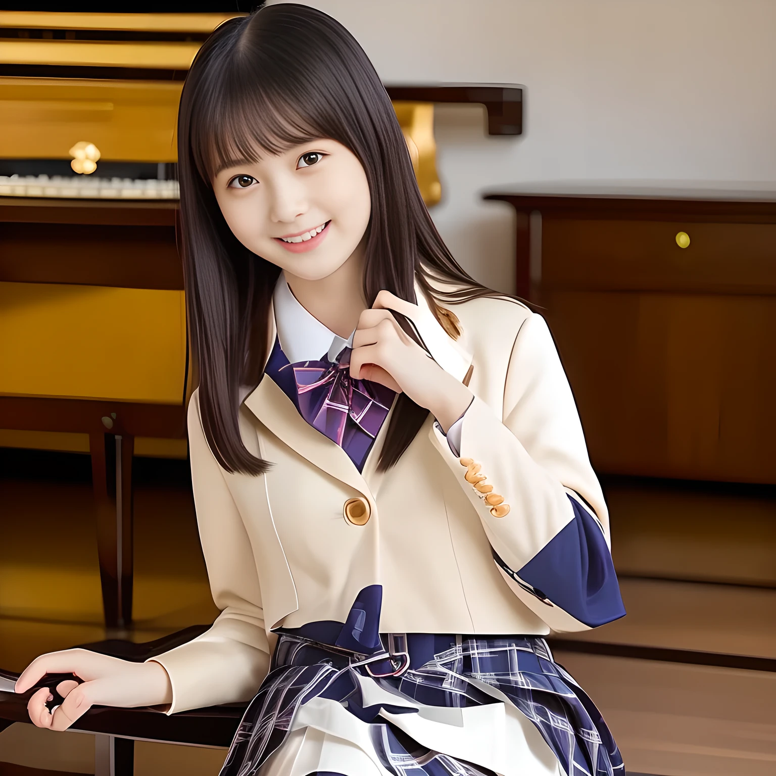 (Highest quality, masterpiece:1.2), Highest quality, High resolution, 1080P, 8k, height: 158cm, ((A noble, graceful and intelligent girl who looks like a best fat proportion Japanese young lady is seated on a grand piano and fascinates the viewer as a fashion model)), (Lifting showing the beautiful white legs and loafers), ((So sweet, very noble, neat, and pretty Japanese beautiful cute girl)), ((A real, very girly, sweet, cute and noble fashion model)), ((((A 14yo beautiful Japanese cute fashion model)))), ((((Very pure white face and limbs)))), Glossy Lips, (Evenly cut bangs), ((Very beautiful, droopy, cute, pure, noble brown eyes)), ((Super long, 1 meter black straight hair)), (Very shiny, glossy Lips), ((Beautiful neat long straight hair like a school promotion model)), Watching at you, ((Incredibly well organized, Rich facial expressions)), ((Plump and beautiful white skin and face)), ((Pure, clear, gentle brown eyes)), Glossy Lips, ((Large upward-curving lips)), ((White hand and shin)), School neat loafer, ((((Navy Japanese school blazer with noble golden emblem: 1.2)))), ((dark blue tartan checkered pleated long skirt)), ((Plain-red-colored school chest ribbon)), ((((An ecstatic expression of boundless joy)))), ((plain white background: 1.0)), ((perfect cute fat body)), (((hair beauty magazine for young girls))), (Double eyelids, graceful noble eyes and faces with well balanced and carefully detailed:1.6)