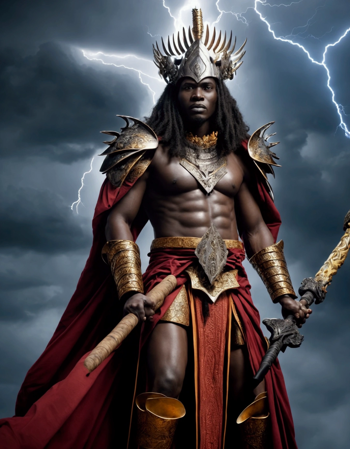 "A powerful and majestic depiction of Xangô, the Yoruba orixá of thunder, lightning, fire, and justice. He is shown as a strong, regal African man, wearing traditional Yoruba attire including a crown and vibrant red and white robes. Xangô is holding a double-headed axe (oxé) symbolizing his power. The background features a stormy sky with lightning bolts, representing his control over thunder and lightning. The scene is dynamic and filled with energy, highlighting his fierce and just nature."