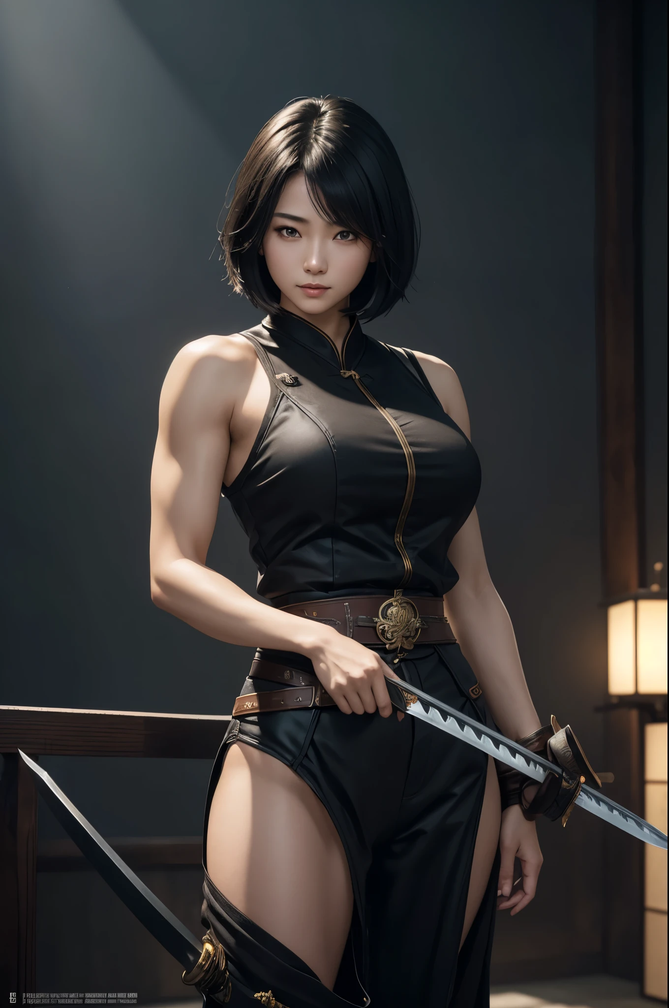 Full body 8k picture quality female samurai, short hair silver and black hair, tattoo muscles powerful, girly face, moles under the corners of the eyes, graceful body, tsundere, big breasts and big farts, rich skin texture, surreal style, first-person perspective, show the whole body, extreme details, exquisite and beautiful.