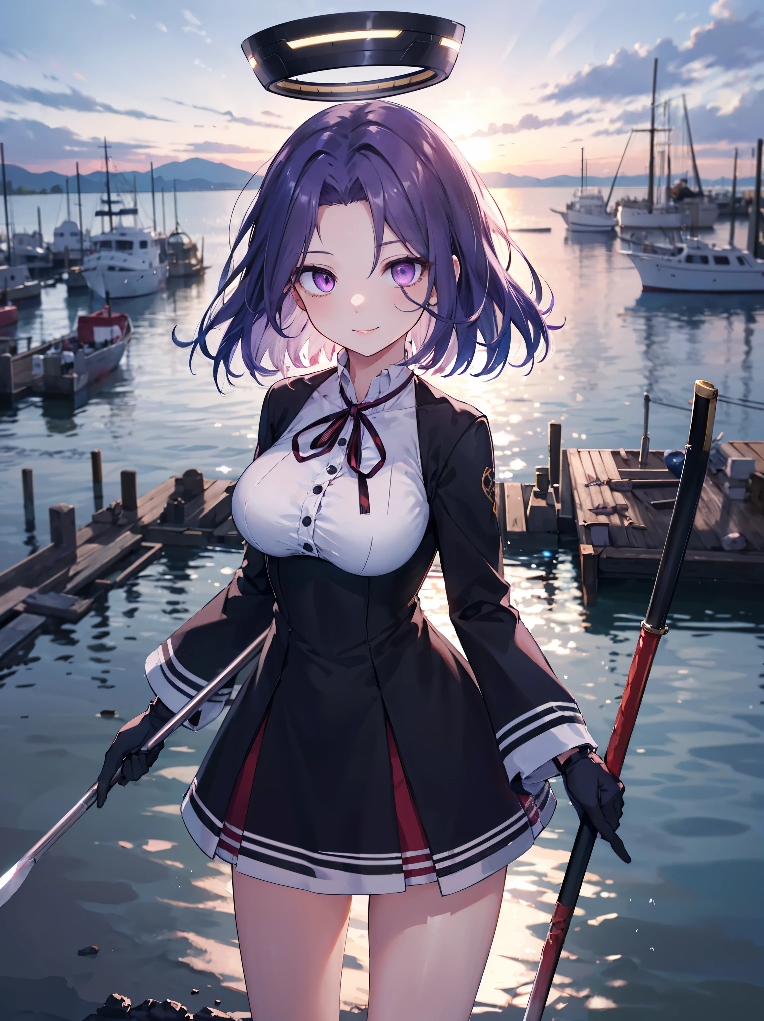 masterpiece, best quality, highres, mechanical halo, large breasts, black dress, neck ribbon, long sleeves, black gloves, outdoors, cowboy shot, standing, holding weapon, polearm,smile,,harbor_town,purple_half_eyes,(scornful eye:1.4)