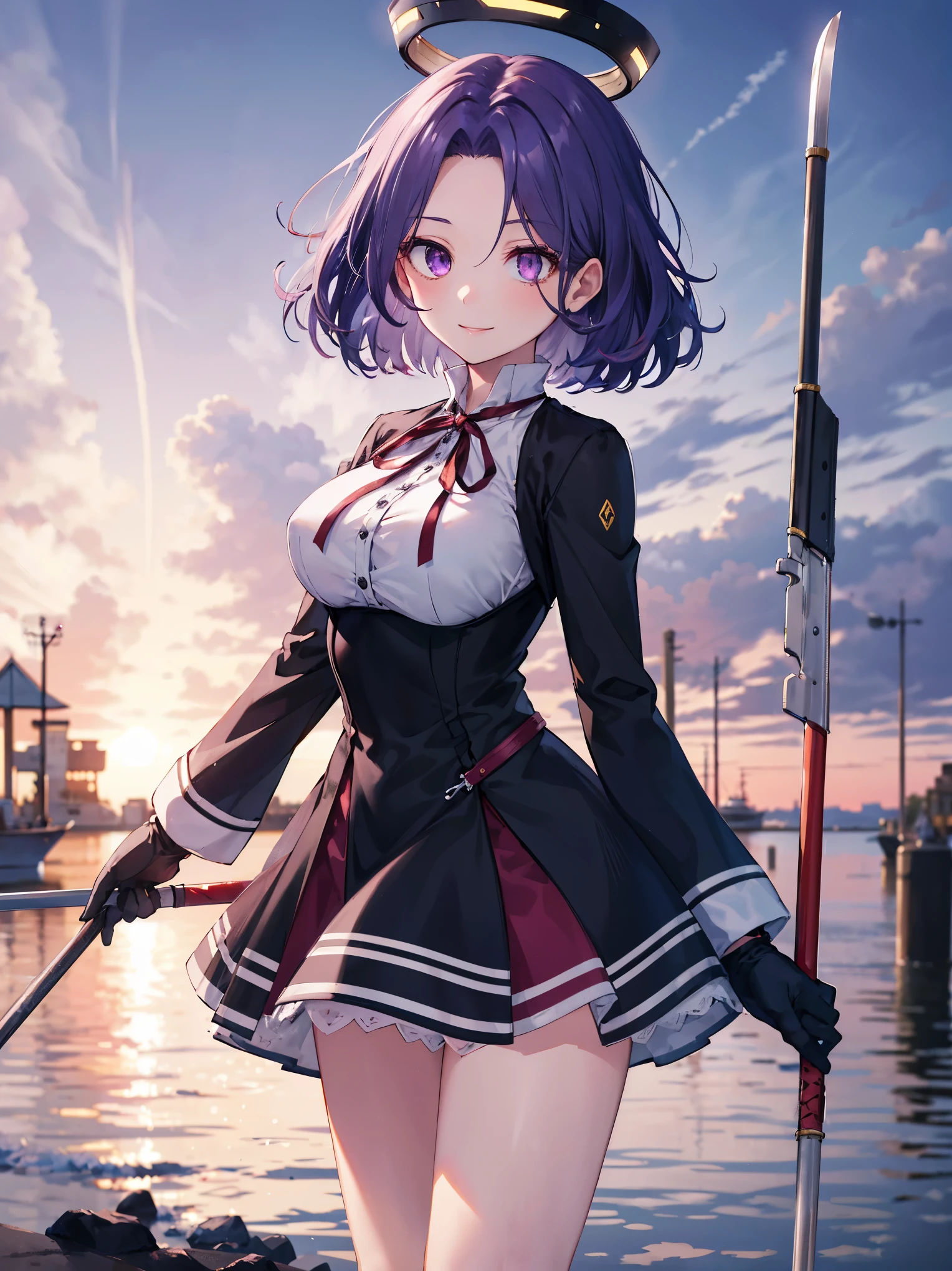 masterpiece, best quality, highres, mechanical halo, large breasts, black dress, neck ribbon, long sleeves, black gloves, outdoors, cowboy shot, standing, holding weapon, polearm,smile,,harbor_town,purple_half_eyes,(scornful eye:1.4)