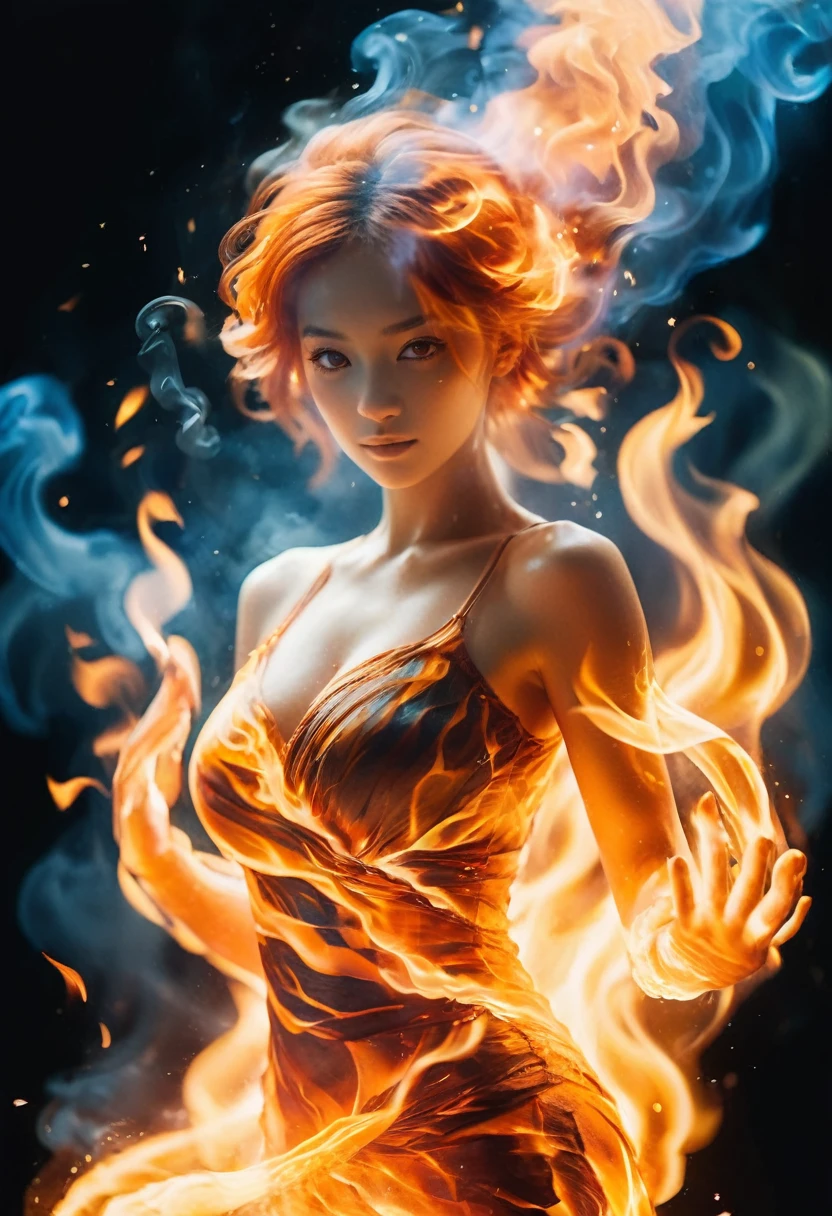 (Fire Element:1.1),由Fire Element组成,(1 busty girl:1.2),on fire,transparency,fiery,(Molten Rock),Flame skin,Flame print,Flaming hair,smokes,cloud,Lopez,,Girl wrapped in flames, flames rise,sparkling,Burning hands,Translucent luster,