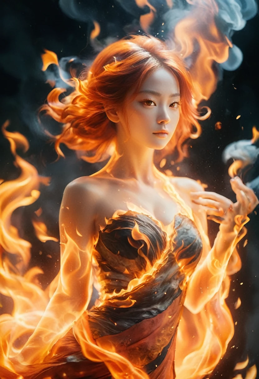 (Fire Element:1.1),由Fire Element组成,(1 busty girl:1.2),on fire,transparency,fiery,(Molten Rock),Flame skin,Flame print,Flaming hair,smokes,cloud,Lopez,,Girl wrapped in flames, flames rise,sparkling,Burning hands,Translucent luster,