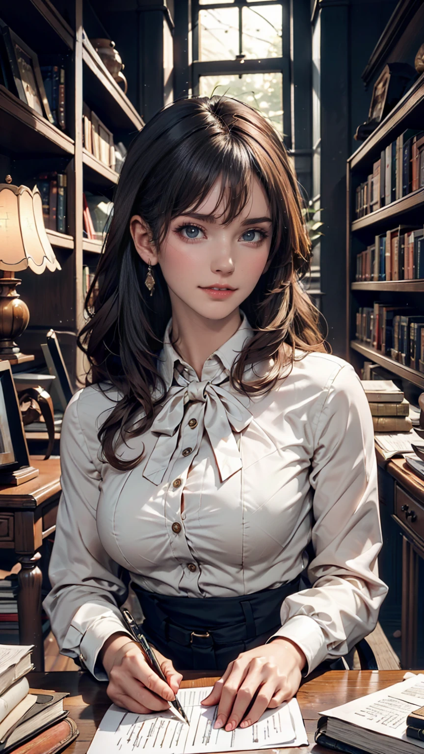 In the royal study、A woman from the royal family writes a letter at an antique desk。She is surrounded by luxurious books and furniture.