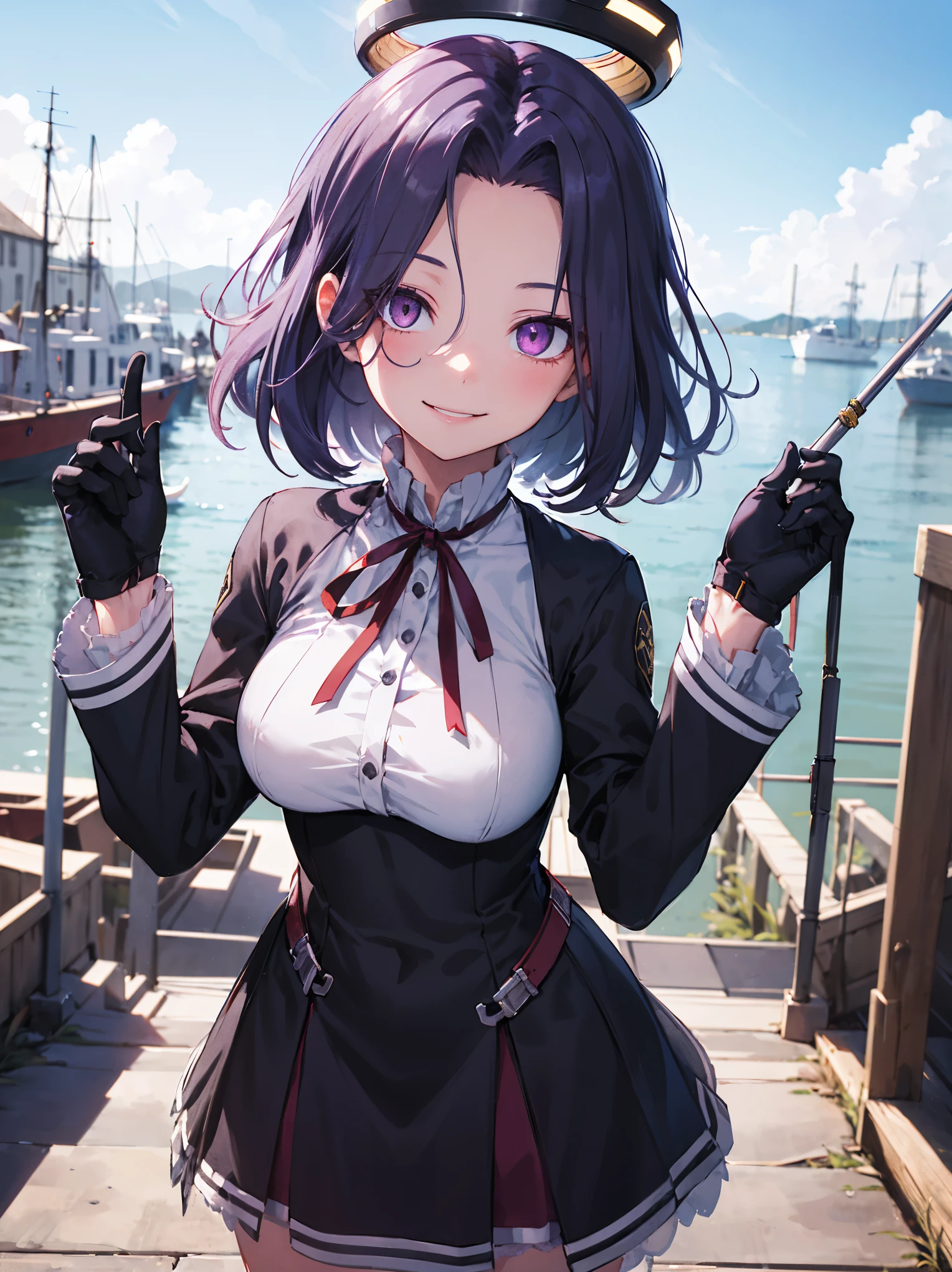 masterpiece, best quality, highres, mechanical halo, large breasts, black dress, neck ribbon, long sleeves, black gloves, outdoors, cowboy shot, standing, holding weapon, polearm,smile,,harbor_town,purple_half_eyes,(scornful eye:1.4)